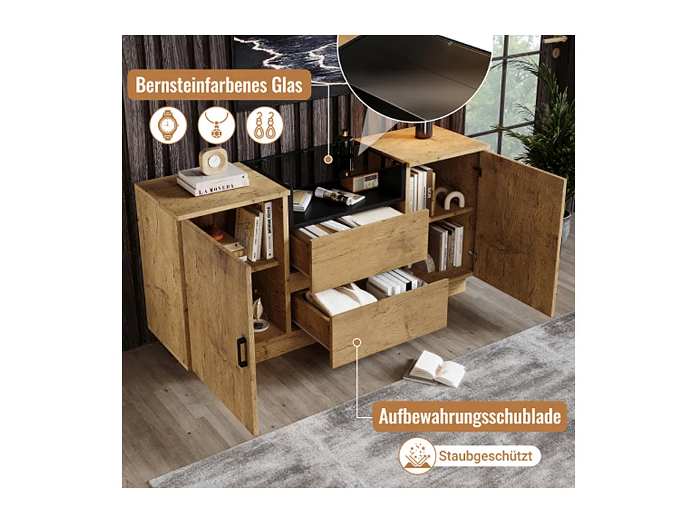 Kommode, Sideboard mit 2 Schubladen + 2 Schränken (innen höhenverstellbar) & offenem Fach Glas  H70/B140/T40 cm