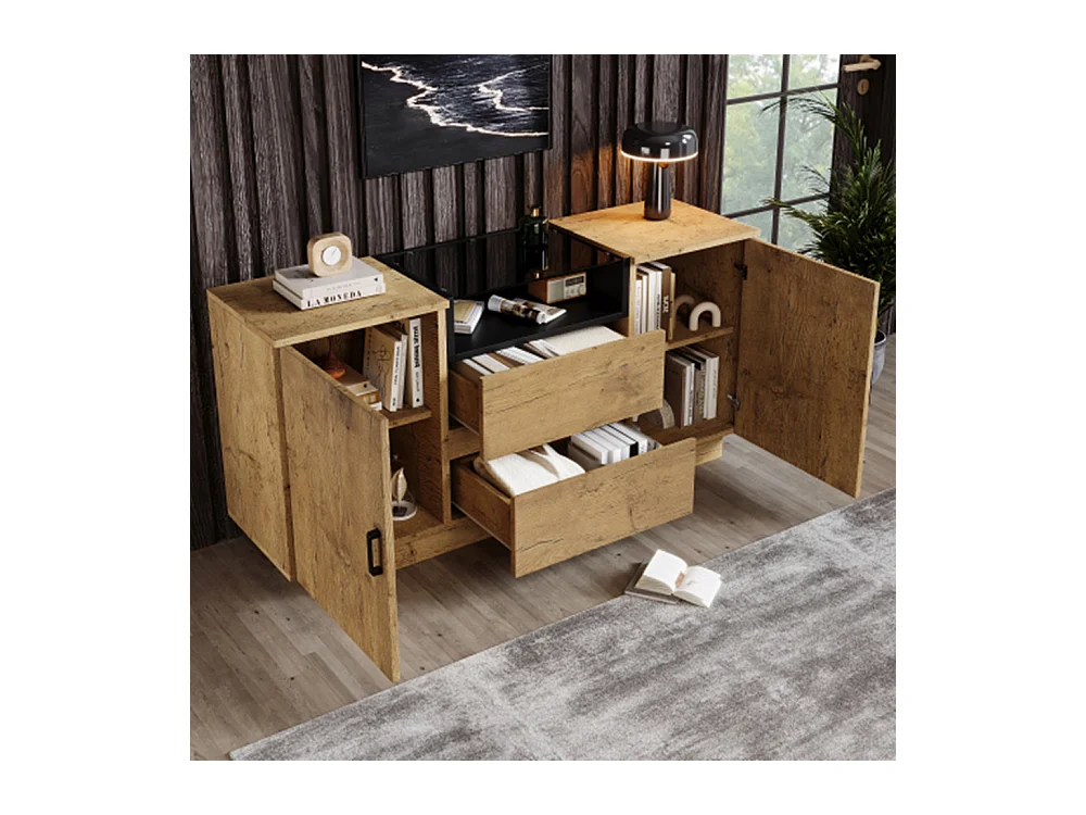 Kommode, Sideboard mit 2 Schubladen + 2 Schränken (innen höhenverstellbar) & offenem Fach Glas  H70/B140/T40 cm