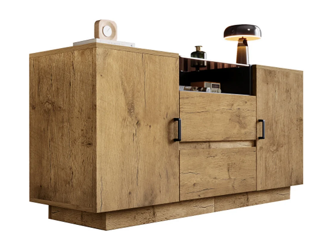 Kommode, Sideboard mit 2 Schubladen + 2 Schränken (innen höhenverstellbar) & offenem Fach Glas  H70/B140/T40 cm