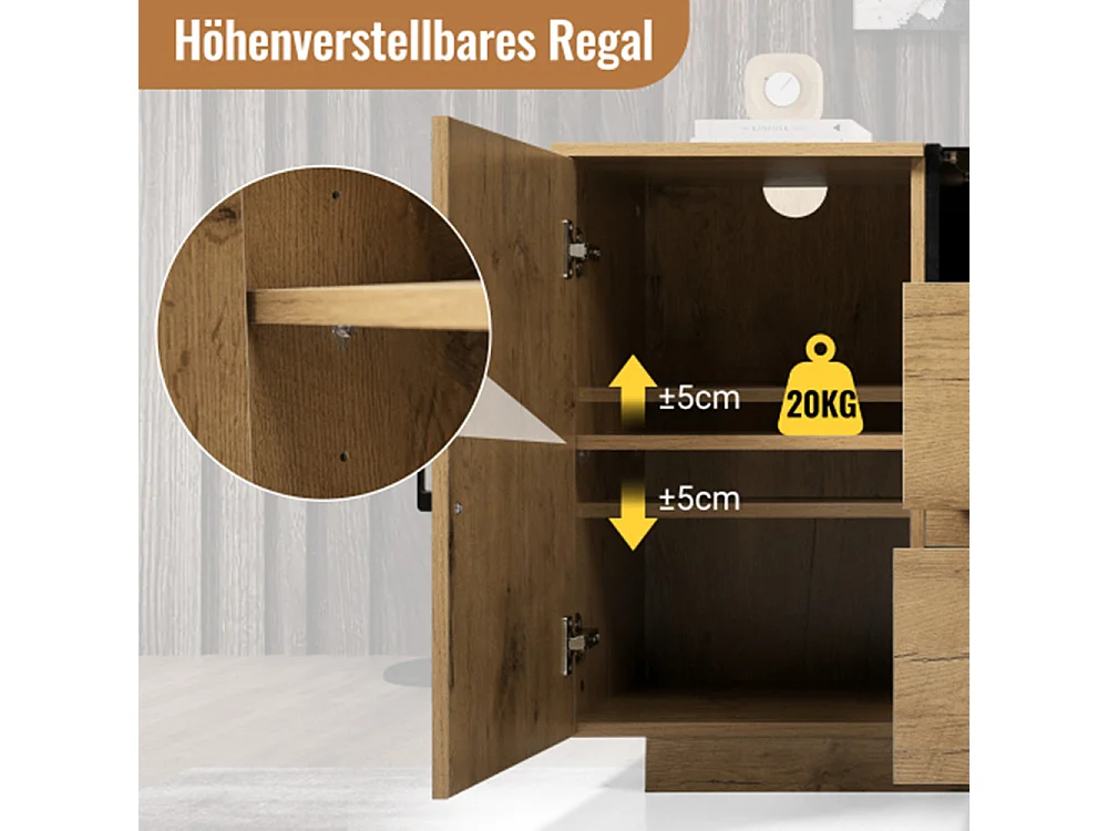 Kommode, Sideboard mit 2 Schubladen + 2 Schränken (innen höhenverstellbar) & offenem Fach Glas  H70/B140/T40 cm