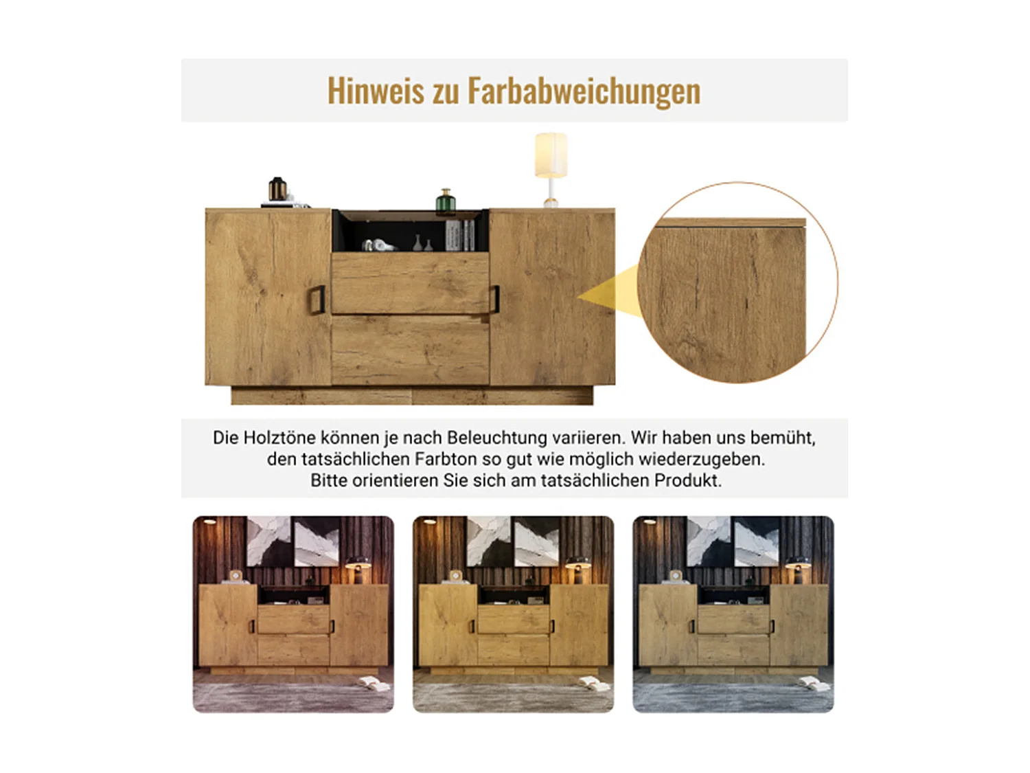 Kommode, Sideboard mit 2 Schubladen + 2 Schränken (innen höhenverstellbar) & offenem Fach Glas  H70/B140/T40 cm