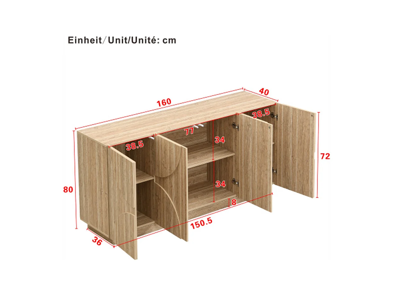 Sideboard mit Regalen, Kommode mit Rebounder,Wohnzimmerunterschrank 160 L x 40 B x 80 H(cm)