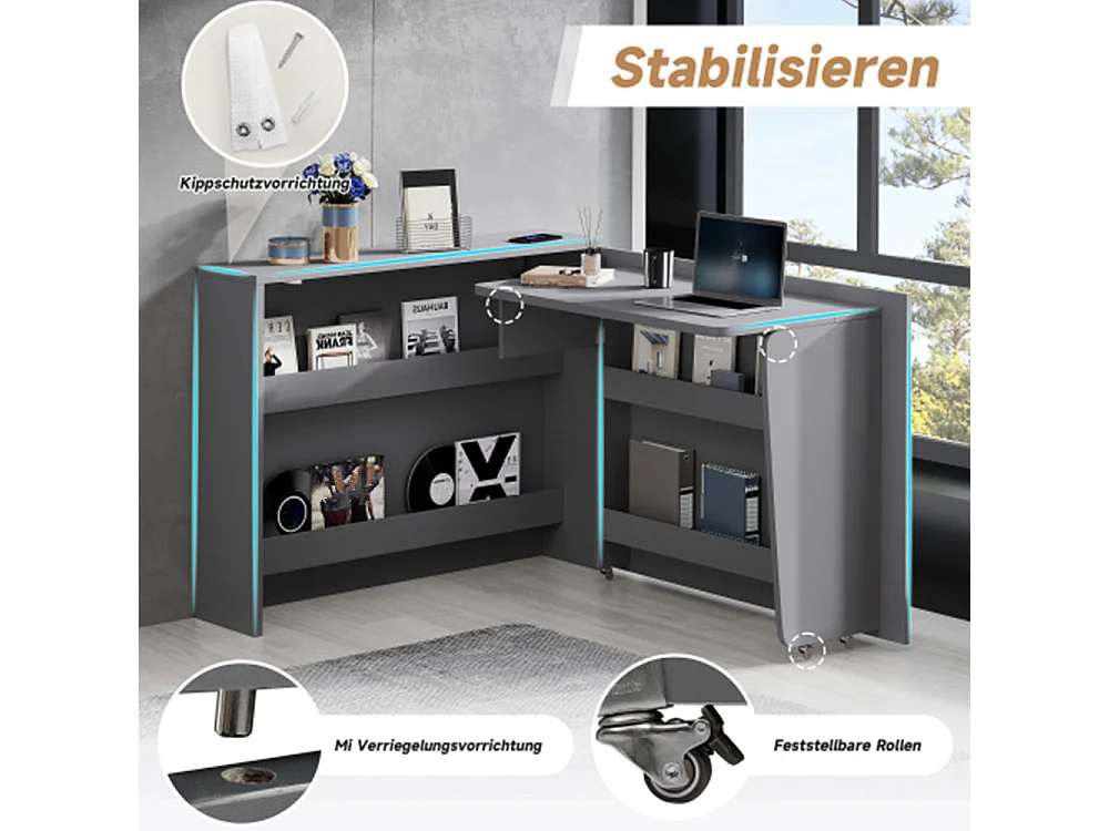 Kommode, Faltbarer Schreibtisch mit Rollen & Wireless Charger–2-in-1 Sideboard & Arbeitsplatz,Tischfläche, mit Regal