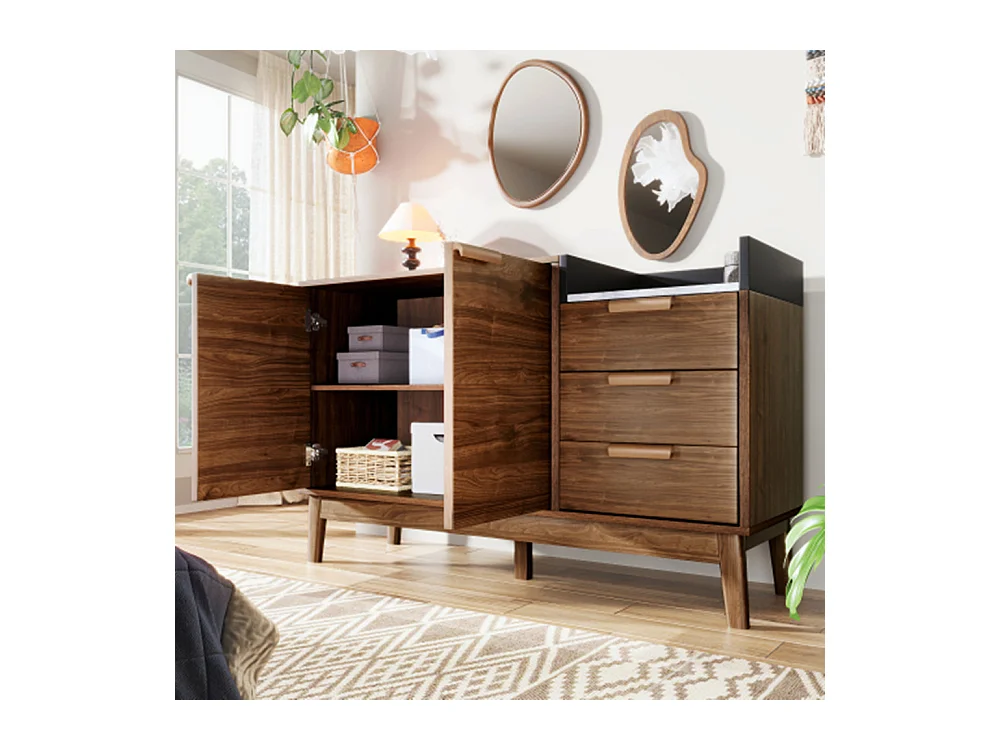 Kommode,Sideboard mit 3 Schubladen & Doppeltürschrank (innen höhenverstellbar) - MassivholzbeineH77/B120/T40 cm
