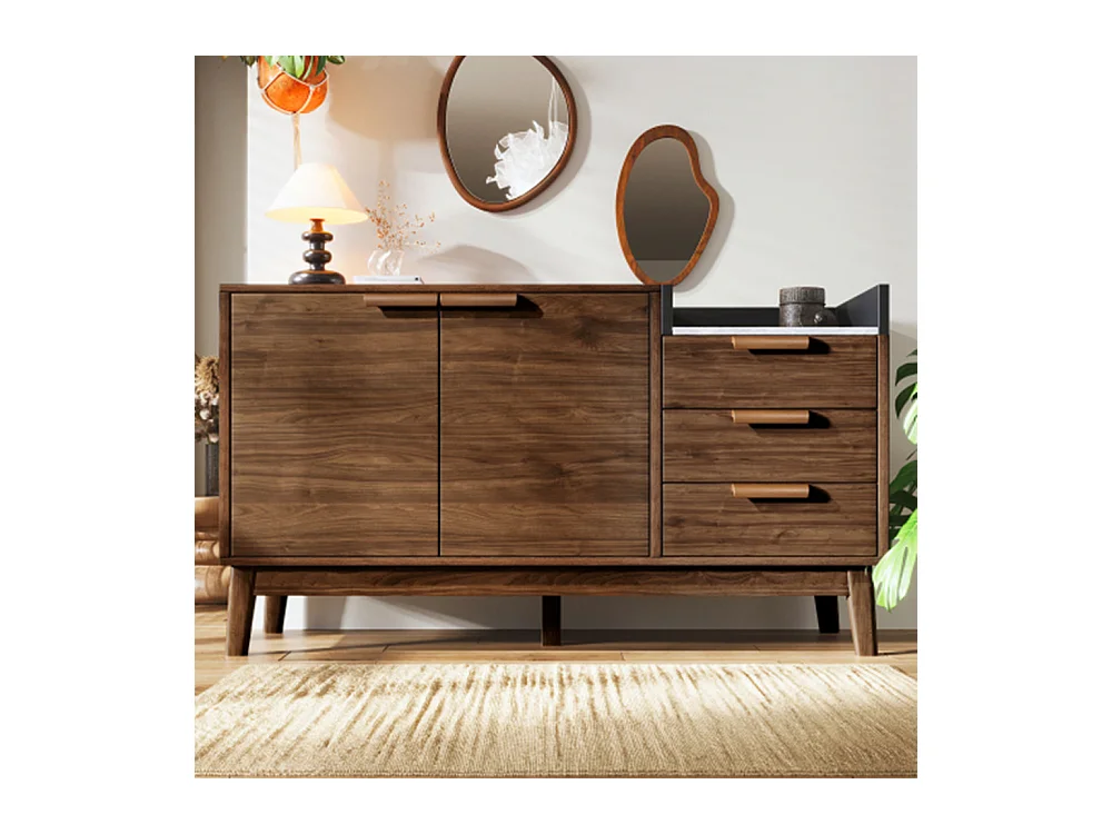 Kommode,Sideboard mit 3 Schubladen & Doppeltürschrank (innen höhenverstellbar) - MassivholzbeineH77/B120/T40 cm