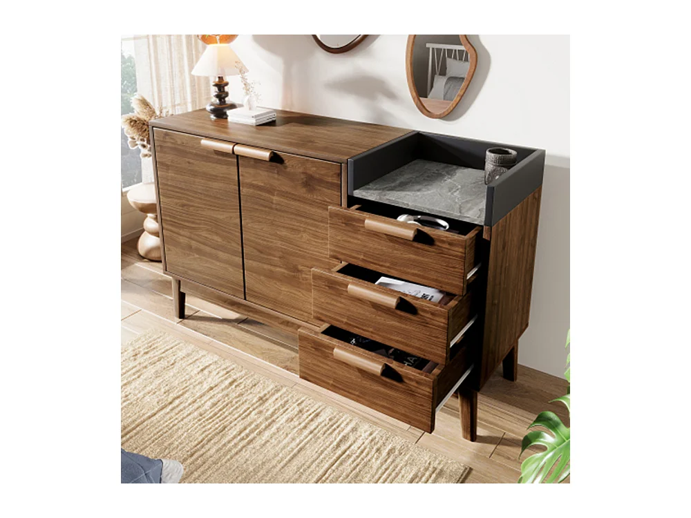 Kommode,Sideboard mit 3 Schubladen & Doppeltürschrank (innen höhenverstellbar) - MassivholzbeineH77/B120/T40 cm