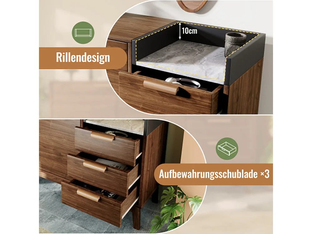 Kommode,Sideboard mit 3 Schubladen & Doppeltürschrank (innen höhenverstellbar) - MassivholzbeineH77/B120/T40 cm