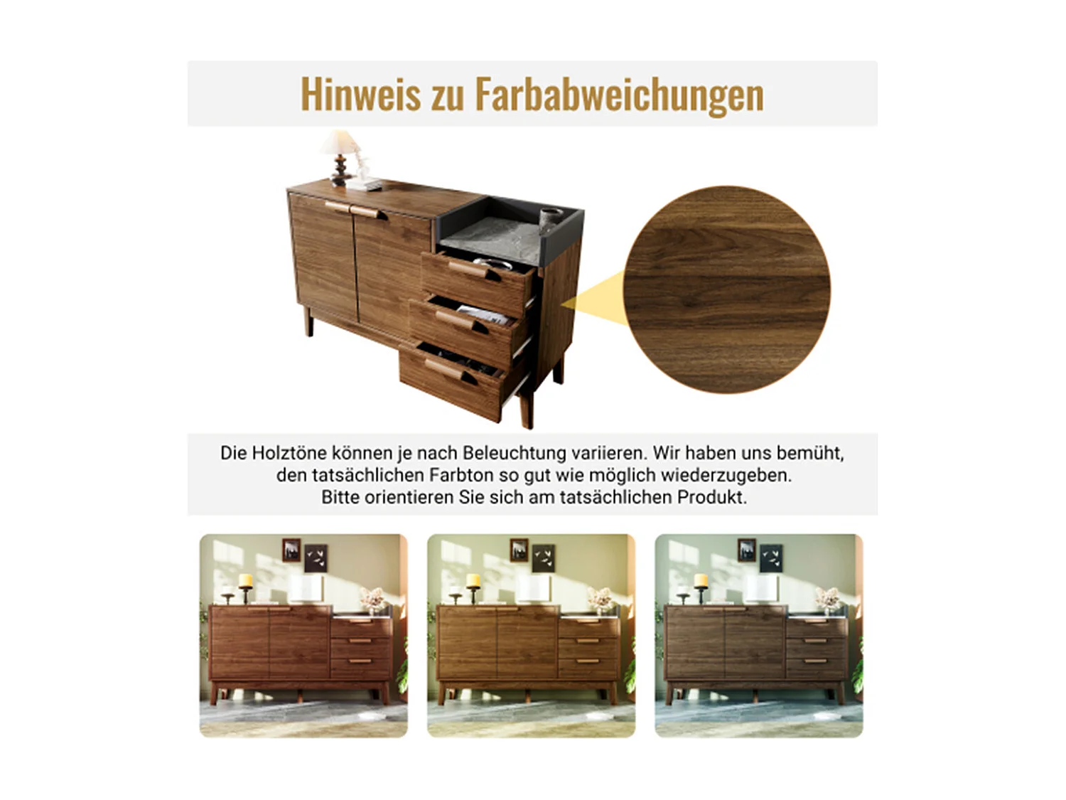 Kommode,Sideboard mit 3 Schubladen & Doppeltürschrank (innen höhenverstellbar) - MassivholzbeineH77/B120/T40 cm