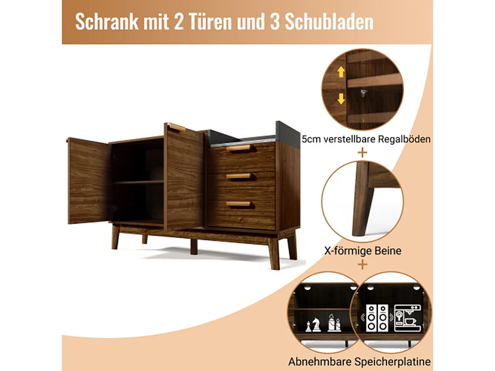 Kommode,Sideboard mit 3 Schubladen & Doppeltürschrank (innen höhenverstellbar) - MassivholzbeineH77/B120/T40 cm