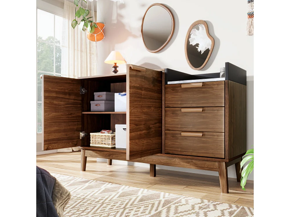 Kommode,Sideboard mit 3 Schubladen & Doppeltürschrank (innen höhenverstellbar) - MassivholzbeineH77/B120/T40 cm