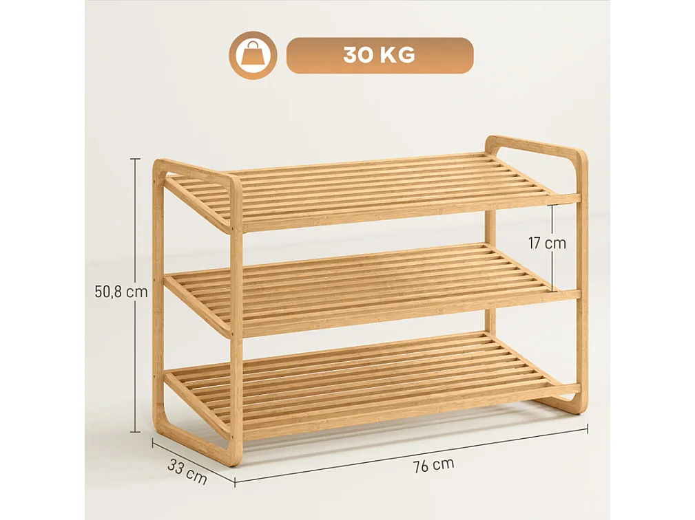 Schuhschränke, Bambusregal, Schuhregal, Flurregal, 3-stufiges Design,Holz 76B x 33T x 50,8H cm