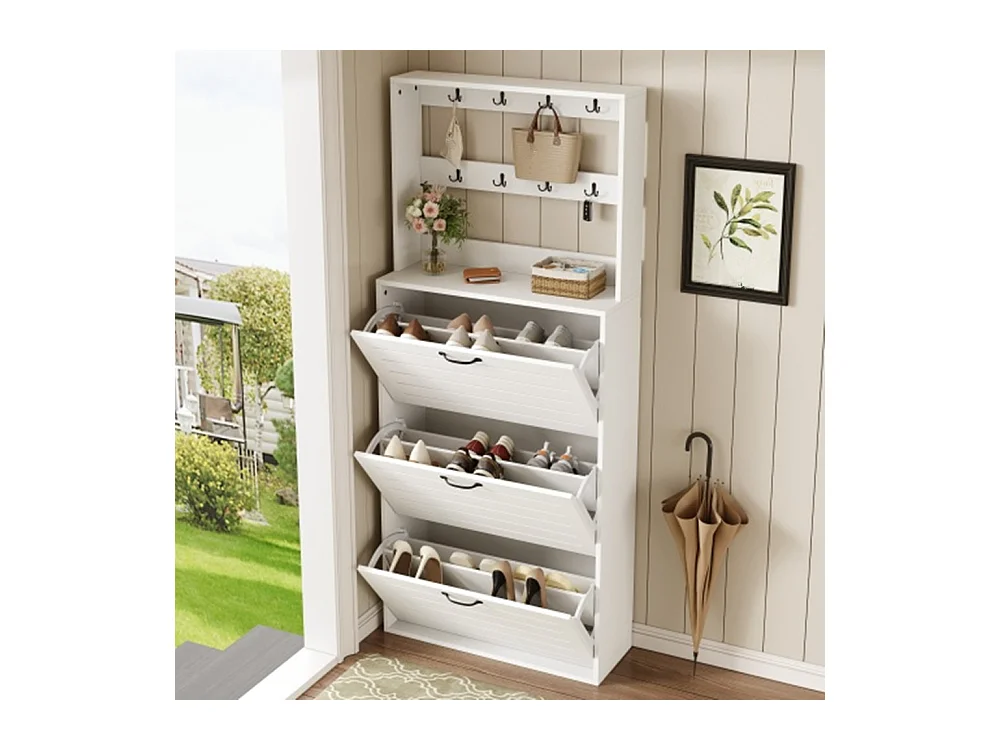 Schuhschrank mit 3 Türen, Schuhregal, Schuhschrank mit Haken, Aufbewahrung für Hüte, Taschen, bietet Platz