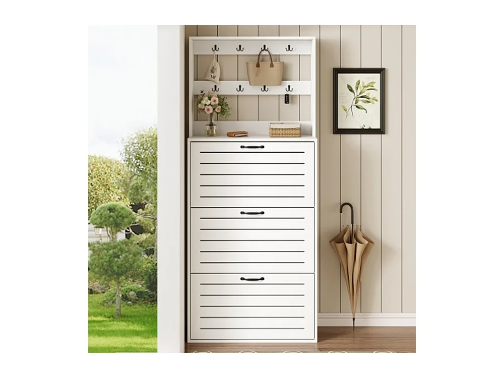 Schuhschrank mit 3 Türen, Schuhregal, Schuhschrank mit Haken, Aufbewahrung für Hüte, Taschen, bietet Platz