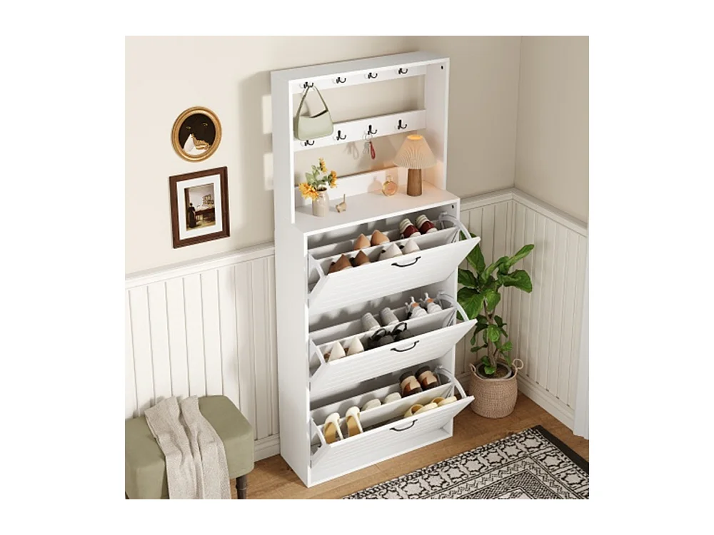 Schuhschrank mit 3 Türen, Schuhregal, Schuhschrank mit Haken, Aufbewahrung für Hüte, Taschen, bietet Platz
