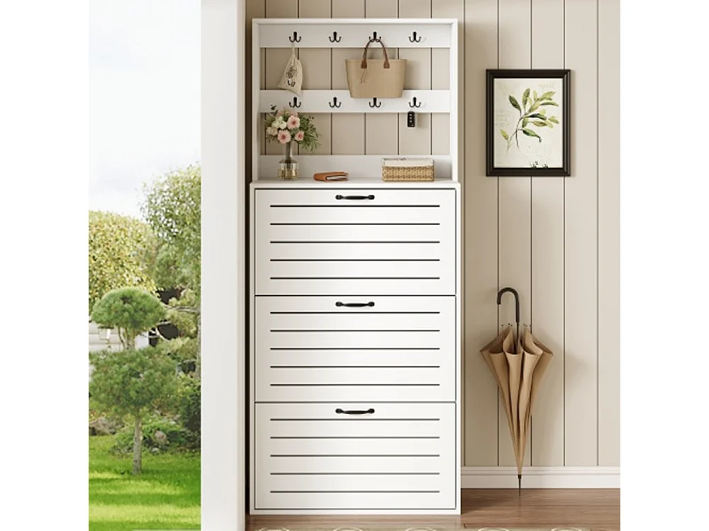 Schuhschrank mit 3 Türen, Schuhregal, Schuhschrank mit Haken, Aufbewahrung für Hüte, Taschen, bietet Platz