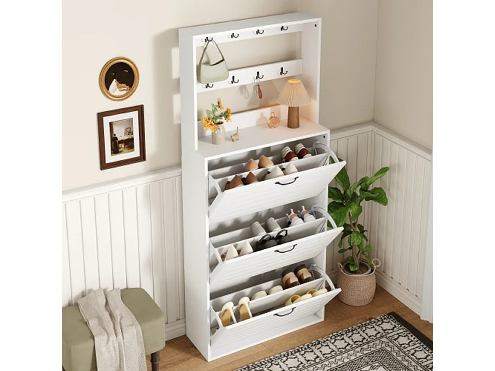 Schuhschrank mit 3 Türen, Schuhregal, Schuhschrank mit Haken, Aufbewahrung für Hüte, Taschen, bietet Platz