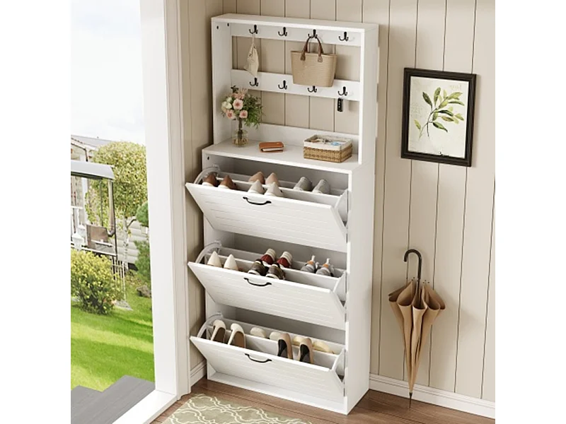 Schuhschrank mit 3 Türen, Schuhregal, Schuhschrank mit Haken, Aufbewahrung für Hüte, Taschen, bietet Platz