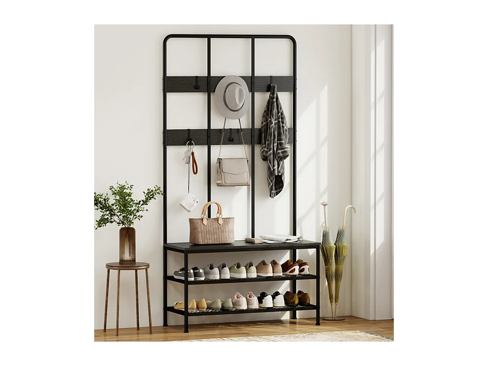 3-in-1 Garderobenständer, Schuhregal, Kleiderhaken, Sitzbank, Schuhregal, Metall, Schwarz