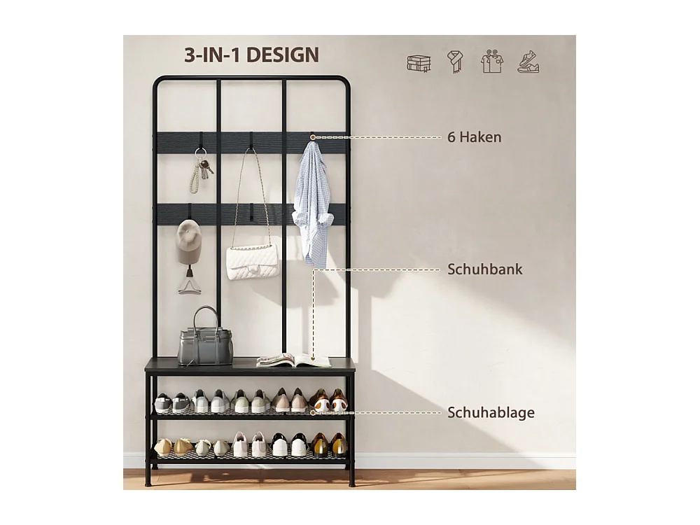 3-in-1 Garderobenständer, Schuhregal, Kleiderhaken, Sitzbank, Schuhregal, Metall, Schwarz