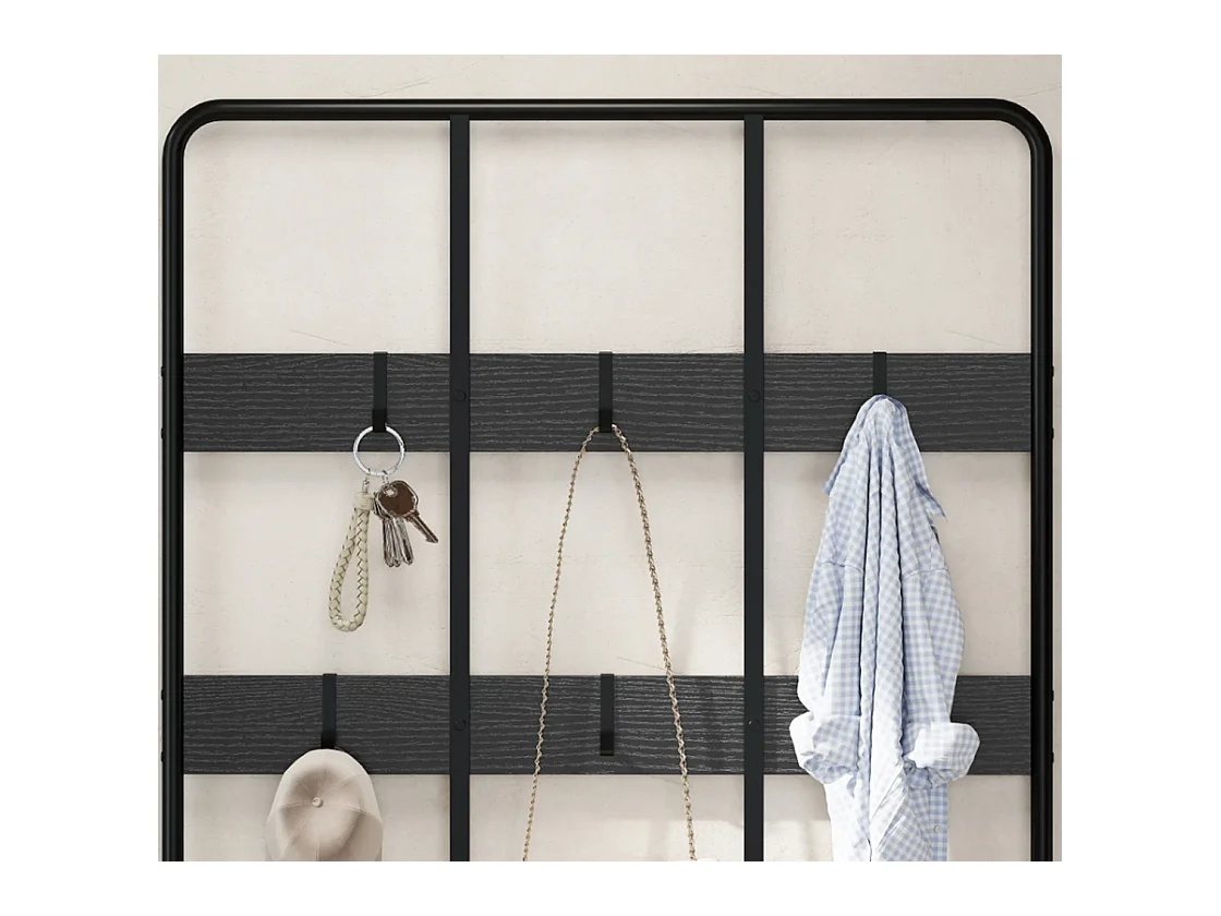 3-in-1 Garderobenständer, Schuhregal, Kleiderhaken, Sitzbank, Schuhregal, Metall, Schwarz