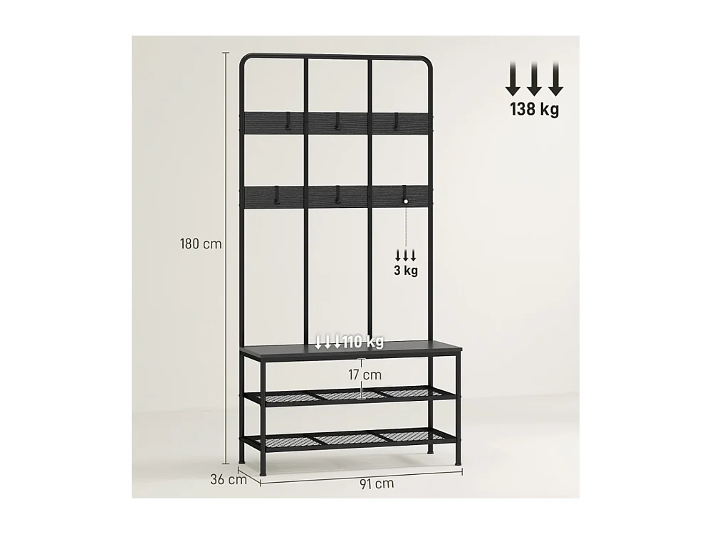 3-in-1 Garderobenständer, Schuhregal, Kleiderhaken, Sitzbank, Schuhregal, Metall, Schwarz