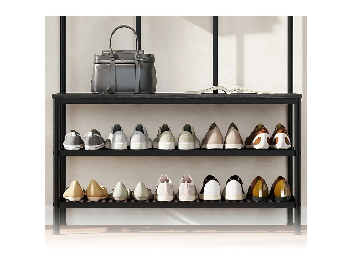 3-in-1 Garderobenständer, Schuhregal, Kleiderhaken, Sitzbank, Schuhregal, Metall, Schwarz