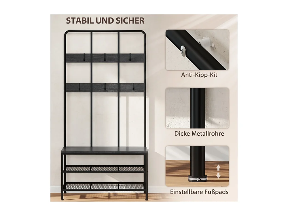 3-in-1 Garderobenständer, Schuhregal, Kleiderhaken, Sitzbank, Schuhregal, Metall, Schwarz