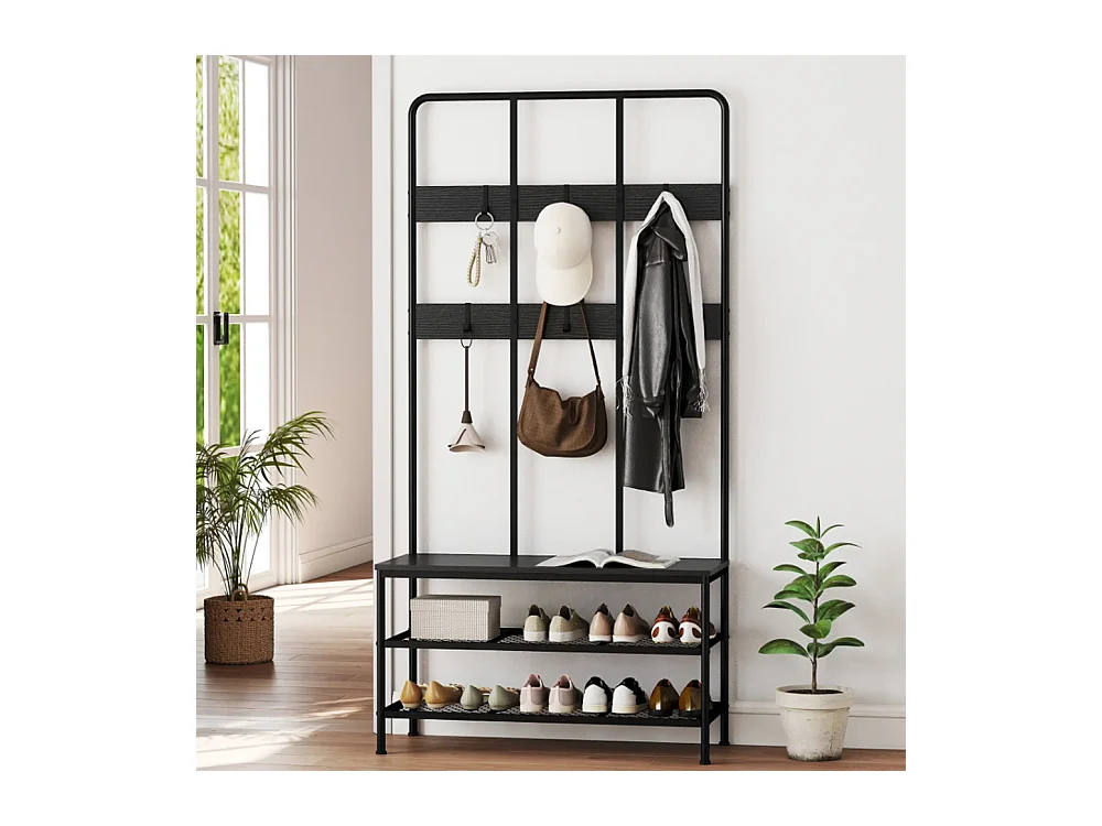 3-in-1 Garderobenständer, Schuhregal, Kleiderhaken, Sitzbank, Schuhregal, Metall, Schwarz