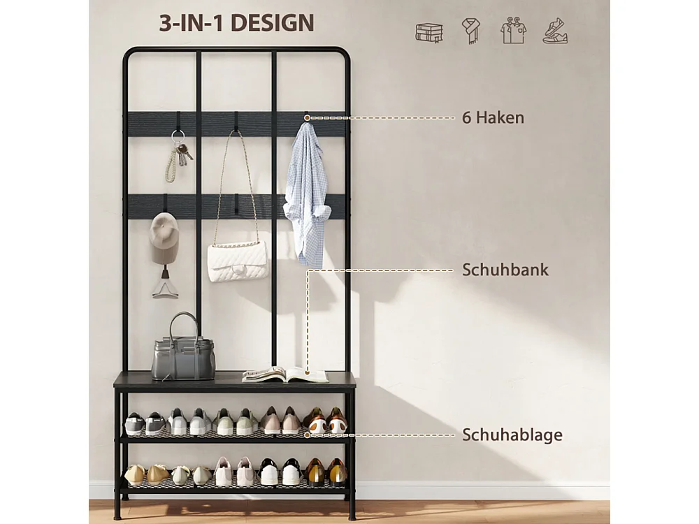 3-in-1 Garderobenständer, Schuhregal, Kleiderhaken, Sitzbank, Schuhregal, Metall, Schwarz