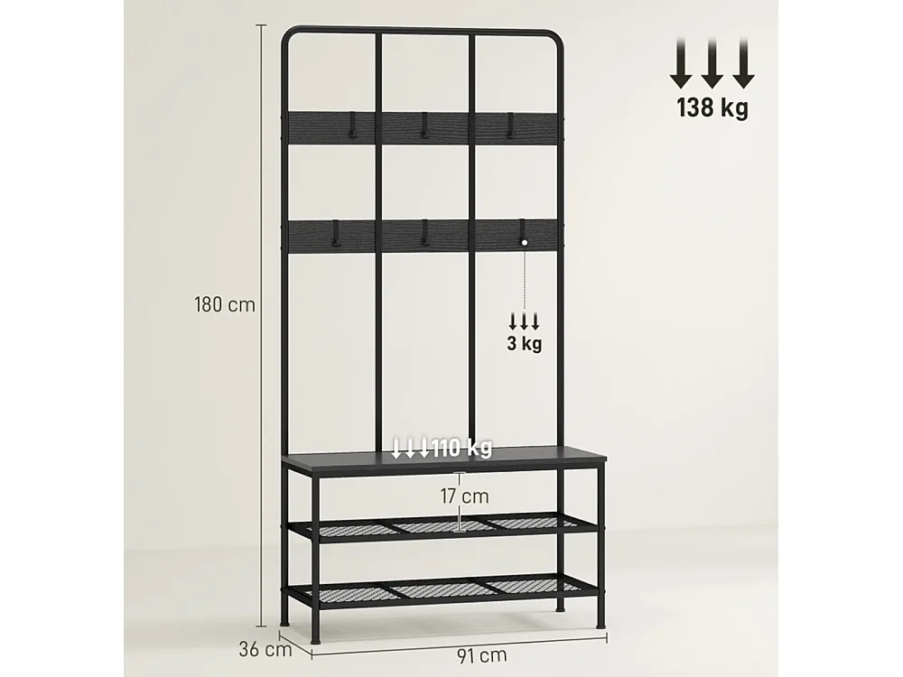 3-in-1 Garderobenständer, Schuhregal, Kleiderhaken, Sitzbank, Schuhregal, Metall, Schwarz
