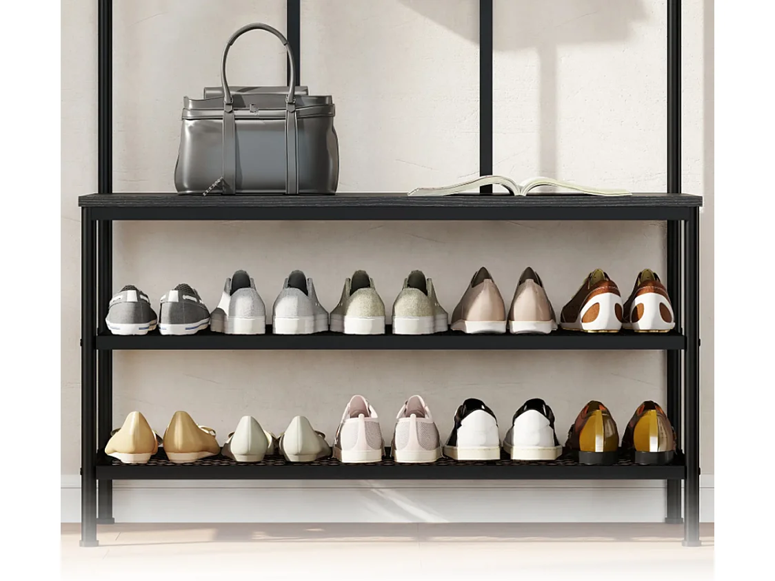 3-in-1 Garderobenständer, Schuhregal, Kleiderhaken, Sitzbank, Schuhregal, Metall, Schwarz