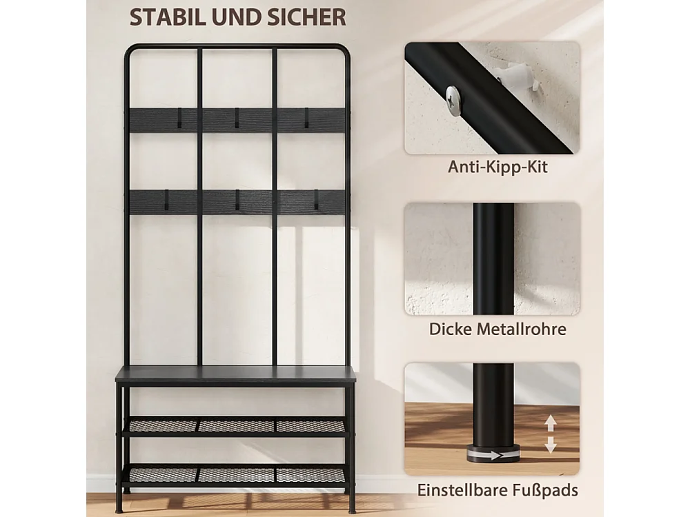3-in-1 Garderobenständer, Schuhregal, Kleiderhaken, Sitzbank, Schuhregal, Metall, Schwarz