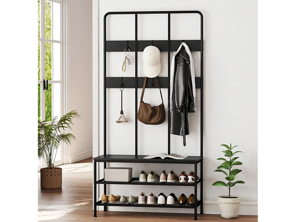 3-in-1 Garderobenständer, Schuhregal, Kleiderhaken, Sitzbank, Schuhregal, Metall, Schwarz