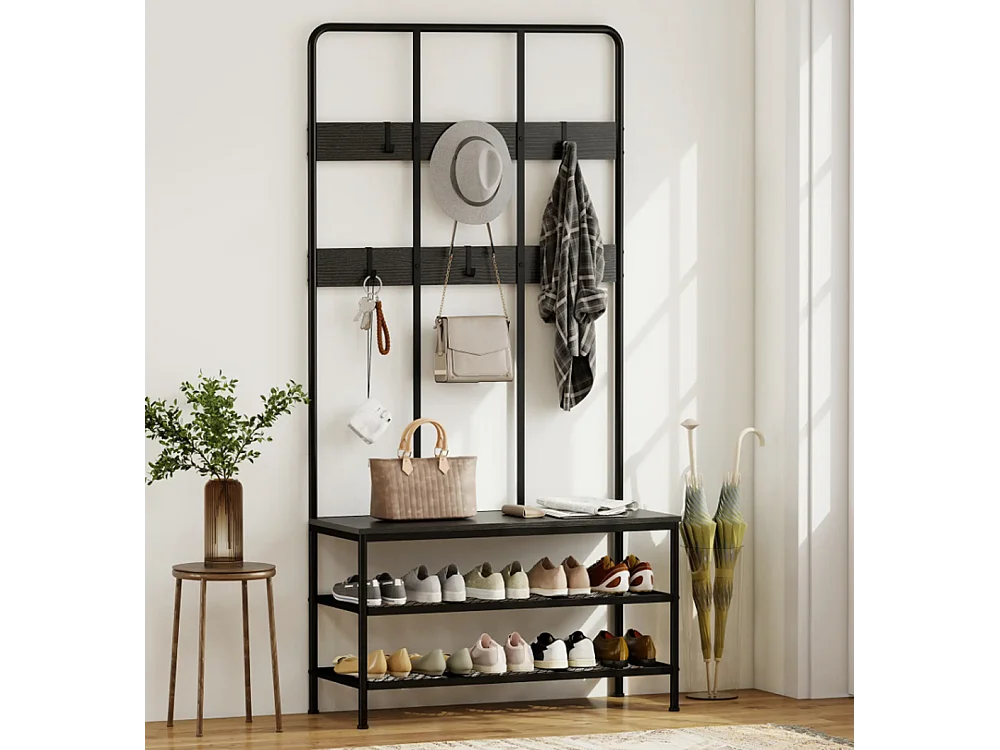 3-in-1 Garderobenständer, Schuhregal, Kleiderhaken, Sitzbank, Schuhregal, Metall, Schwarz