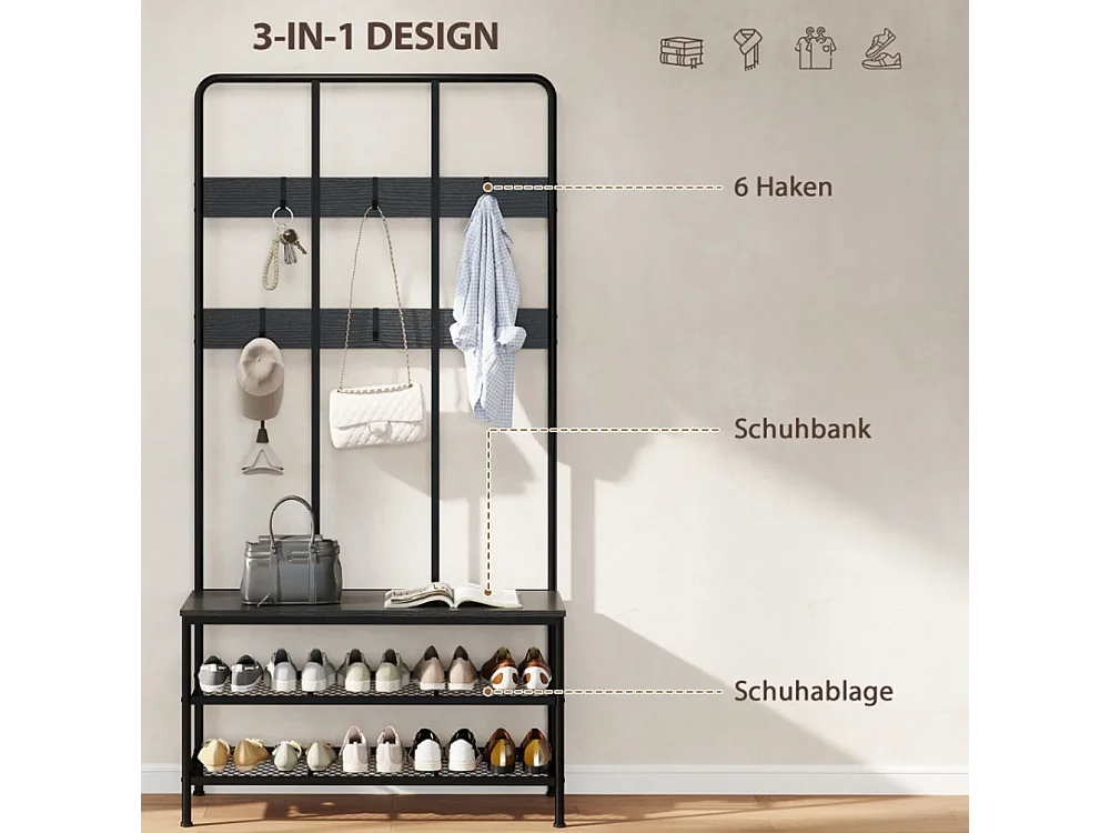 3-in-1 Garderobenständer, Schuhregal, Kleiderhaken, Sitzbank, Schuhregal, Metall, Schwarz