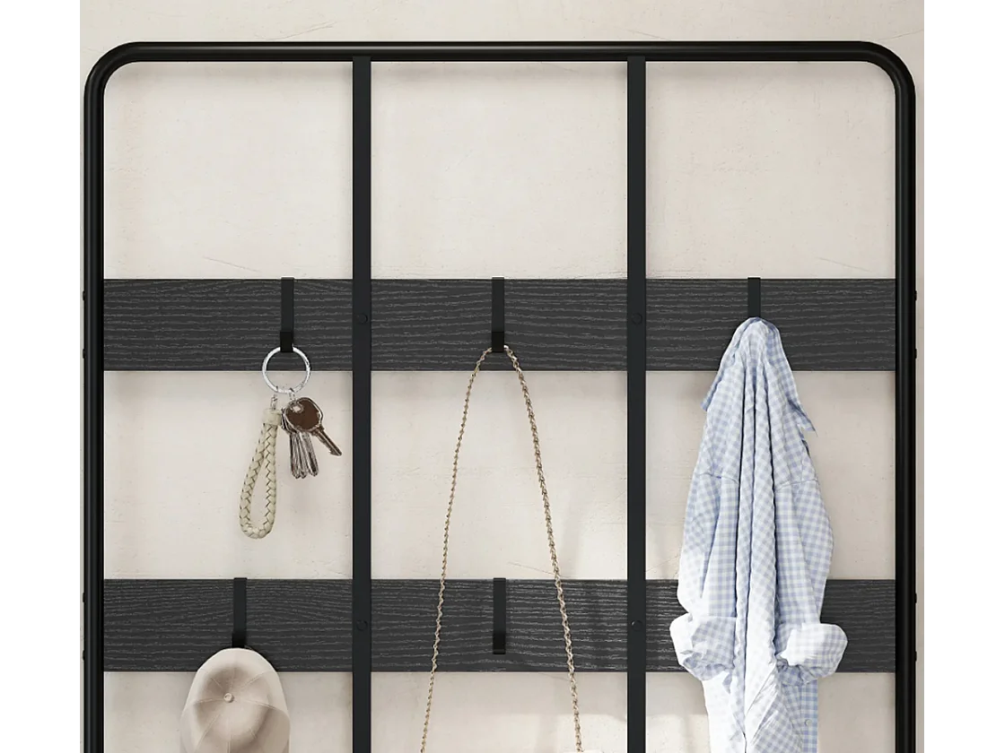 3-in-1 Garderobenständer, Schuhregal, Kleiderhaken, Sitzbank, Schuhregal, Metall, Schwarz