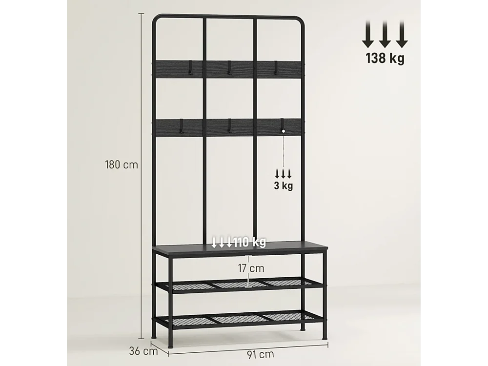 3-in-1 Garderobenständer, Schuhregal, Kleiderhaken, Sitzbank, Schuhregal, Metall, Schwarz