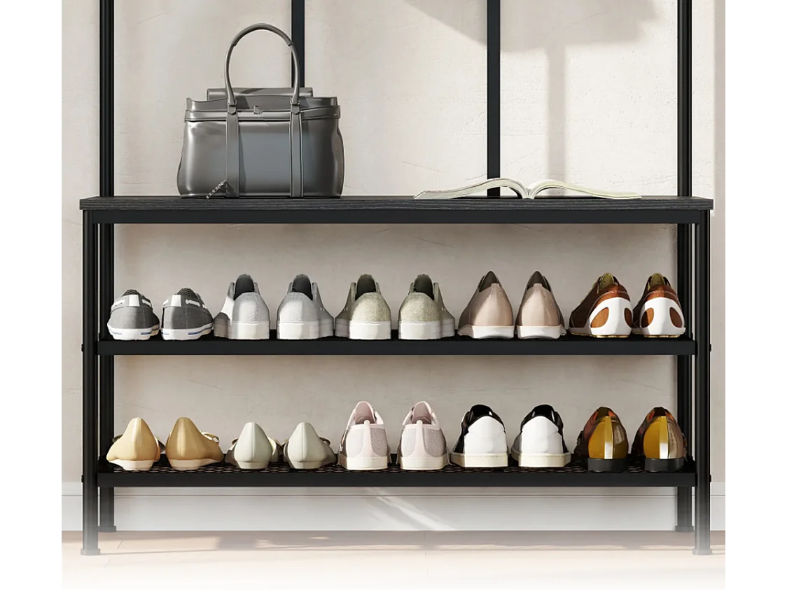 3-in-1 Garderobenständer, Schuhregal, Kleiderhaken, Sitzbank, Schuhregal, Metall, Schwarz