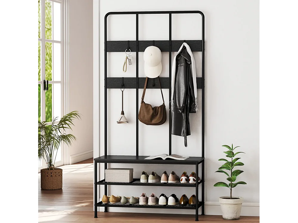 3-in-1 Garderobenständer, Schuhregal, Kleiderhaken, Sitzbank, Schuhregal, Metall, Schwarz