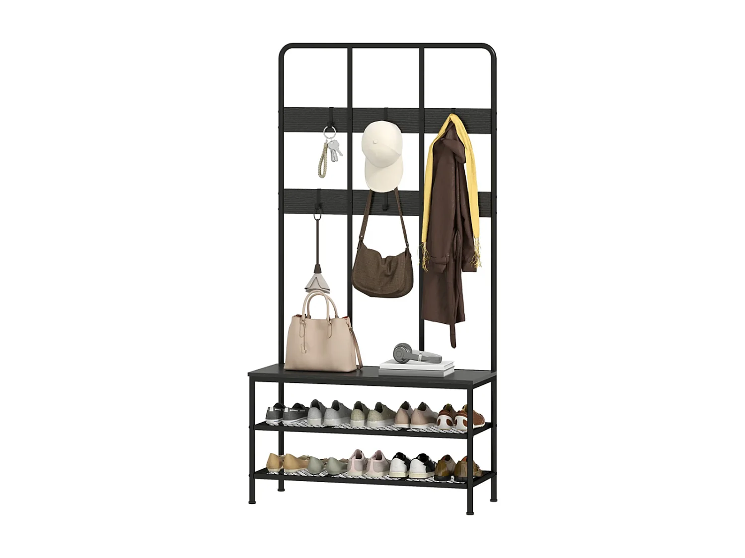 3-in-1 Garderobenständer, Schuhregal, Kleiderhaken, Sitzbank, Schuhregal, Metall, Schwarz