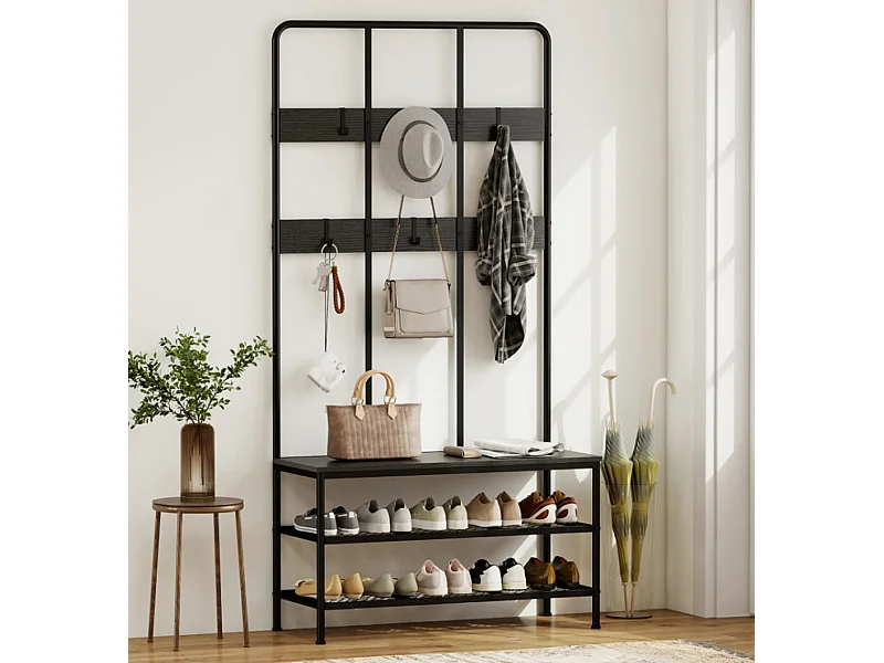 3-in-1 Garderobenständer, Schuhregal, Kleiderhaken, Sitzbank, Schuhregal, Metall, Schwarz