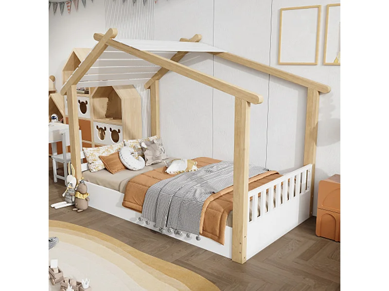 Holzbetten, Kinderbett, Einzelbett, Exquisites Holzhausdesign, Stabile Lattenroste, 90x200cm