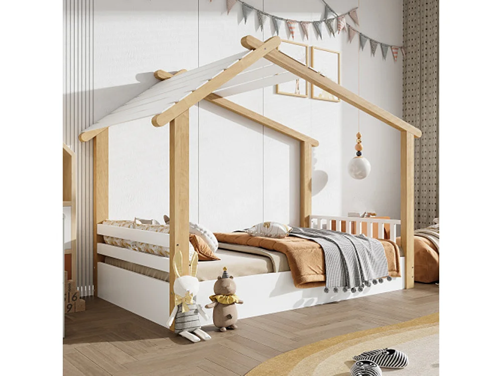Holzbetten, Kinderbett, Einzelbett, Exquisites Holzhausdesign, Stabile Lattenroste, 90x200cm