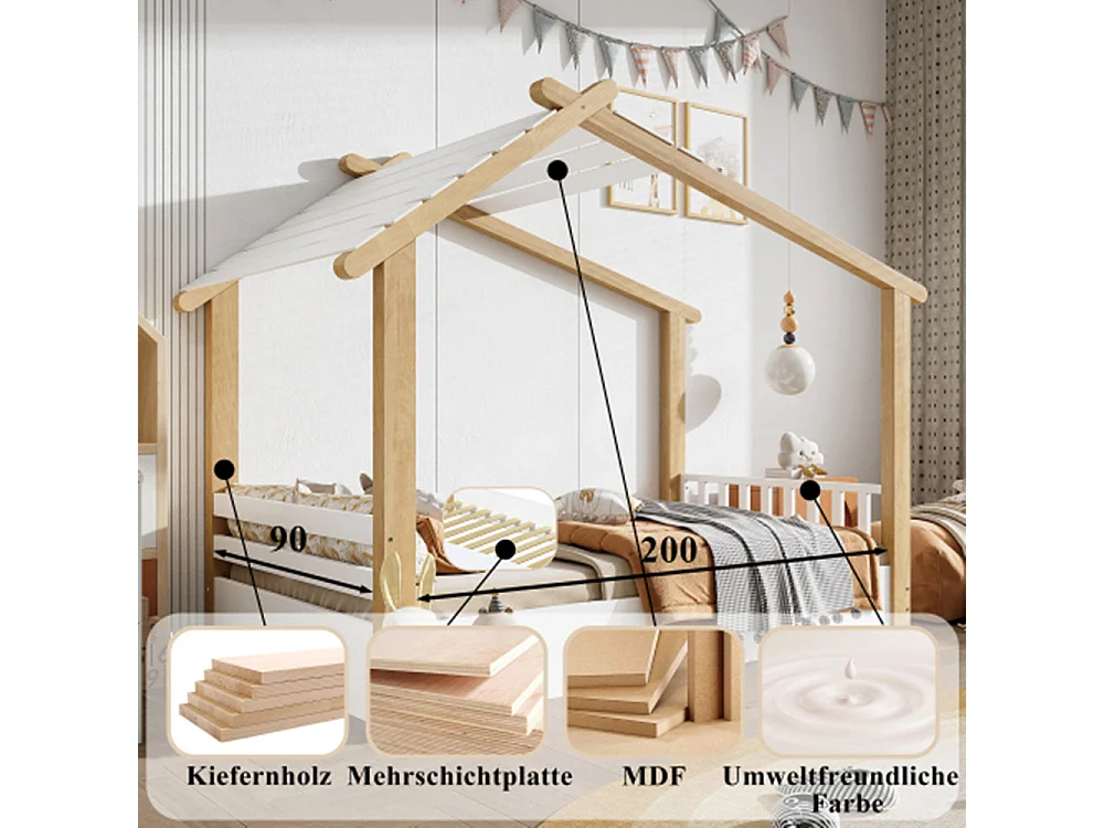 Holzbetten, Kinderbett, Einzelbett, Exquisites Holzhausdesign, Stabile Lattenroste, 90x200cm