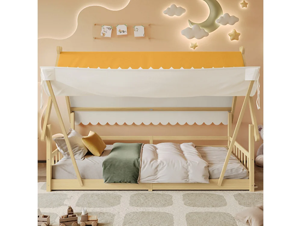 Kinderbett, Einzelbett, Exquisites Holzhausdesign, Das Zelt ist abnehmbar, Stabile Lattenroste, Mit Sicherheitsgeländer, 90x200cm