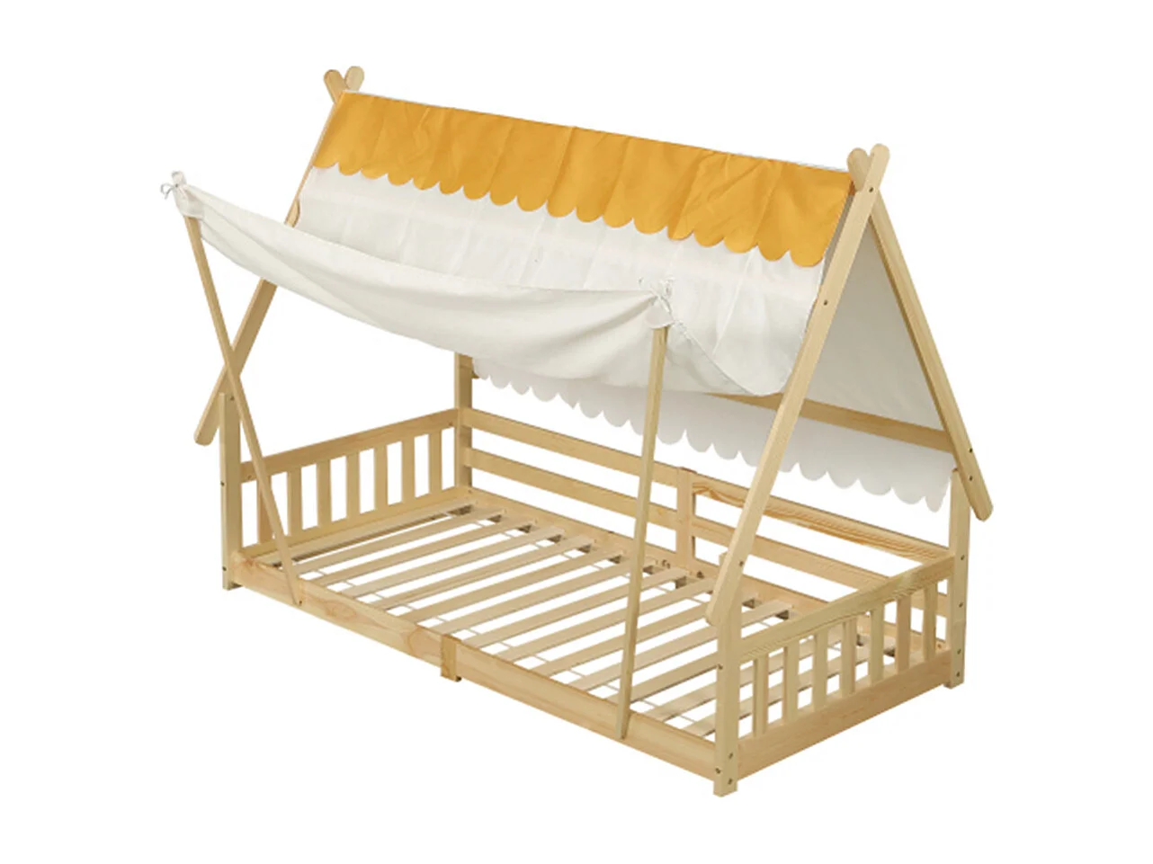 Kinderbett, Einzelbett, Exquisites Holzhausdesign, Das Zelt ist abnehmbar, Stabile Lattenroste, Mit Sicherheitsgeländer, 90x200cm