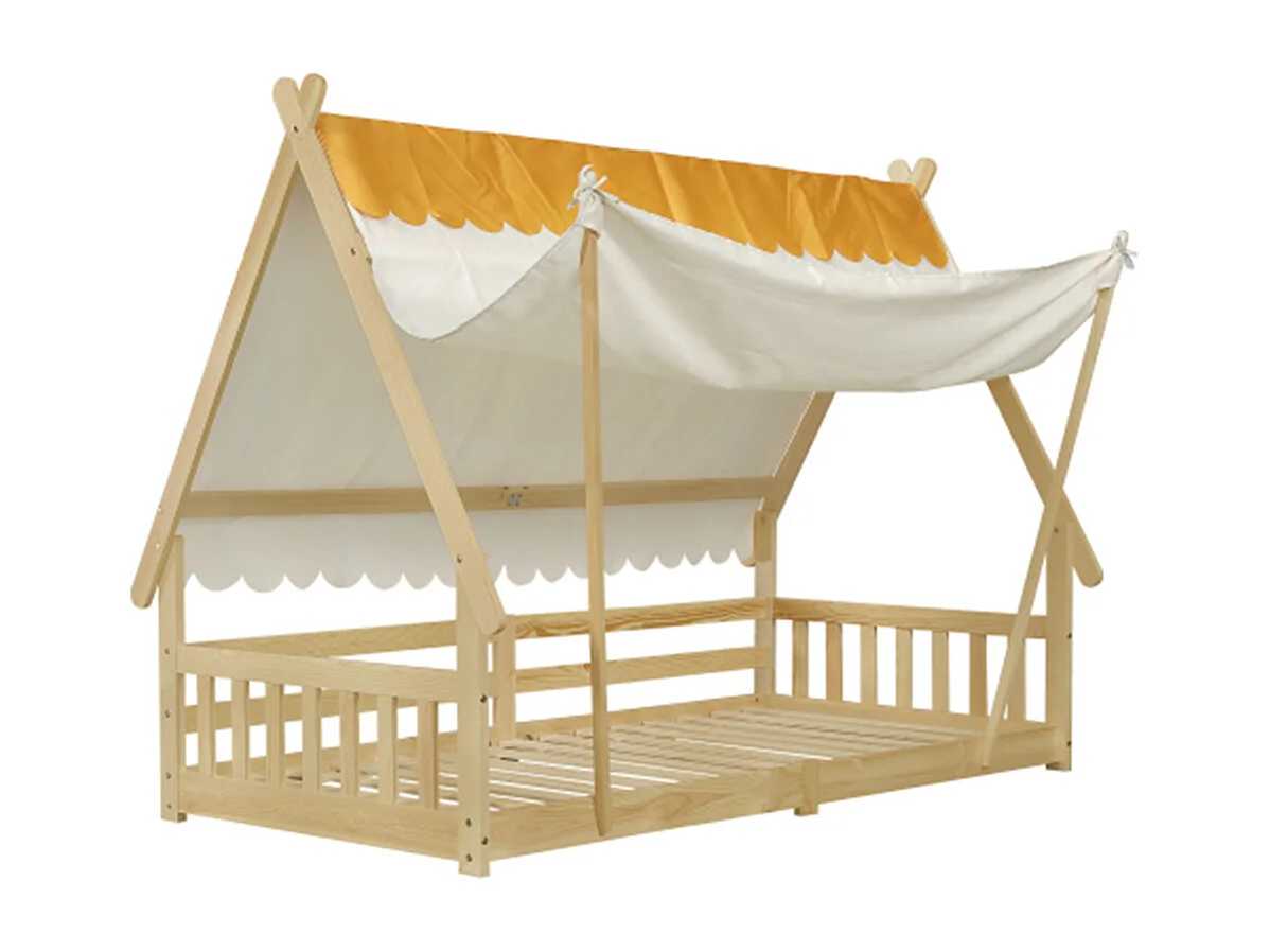 Kinderbett, Einzelbett, Exquisites Holzhausdesign, Das Zelt ist abnehmbar, Stabile Lattenroste, Mit Sicherheitsgeländer, 90x200cm