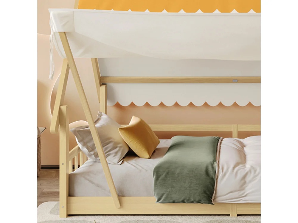 Kinderbett, Einzelbett, Exquisites Holzhausdesign, Das Zelt ist abnehmbar, Stabile Lattenroste, Mit Sicherheitsgeländer, 90x200cm