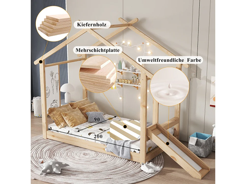 Kinderbett, Einzelbett,Schönes Dachdesign, Mit beschreibbarer Weißwandtafel,90x200cm