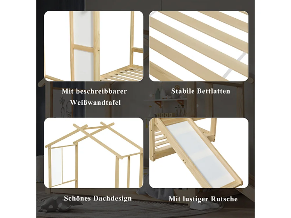 Kinderbett, Einzelbett,Schönes Dachdesign, Mit beschreibbarer Weißwandtafel,90x200cm